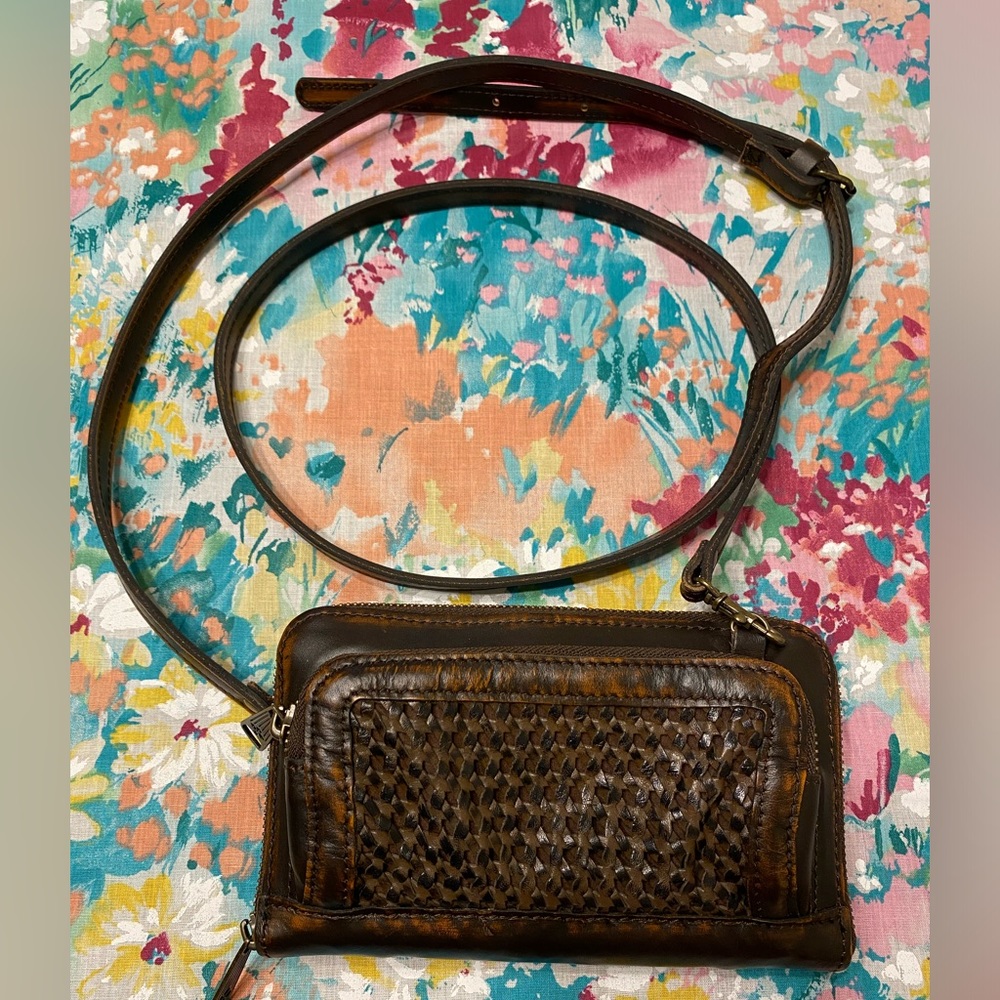 Small Patricia Nash Crossbody Bag Organizer Wallet Woven Leather Brown